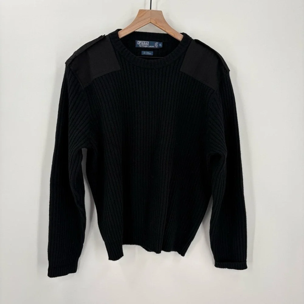 Men's Polo Ralph‎ Lauren Wool Cashmere Military Field Sweater Ribbed Black XL